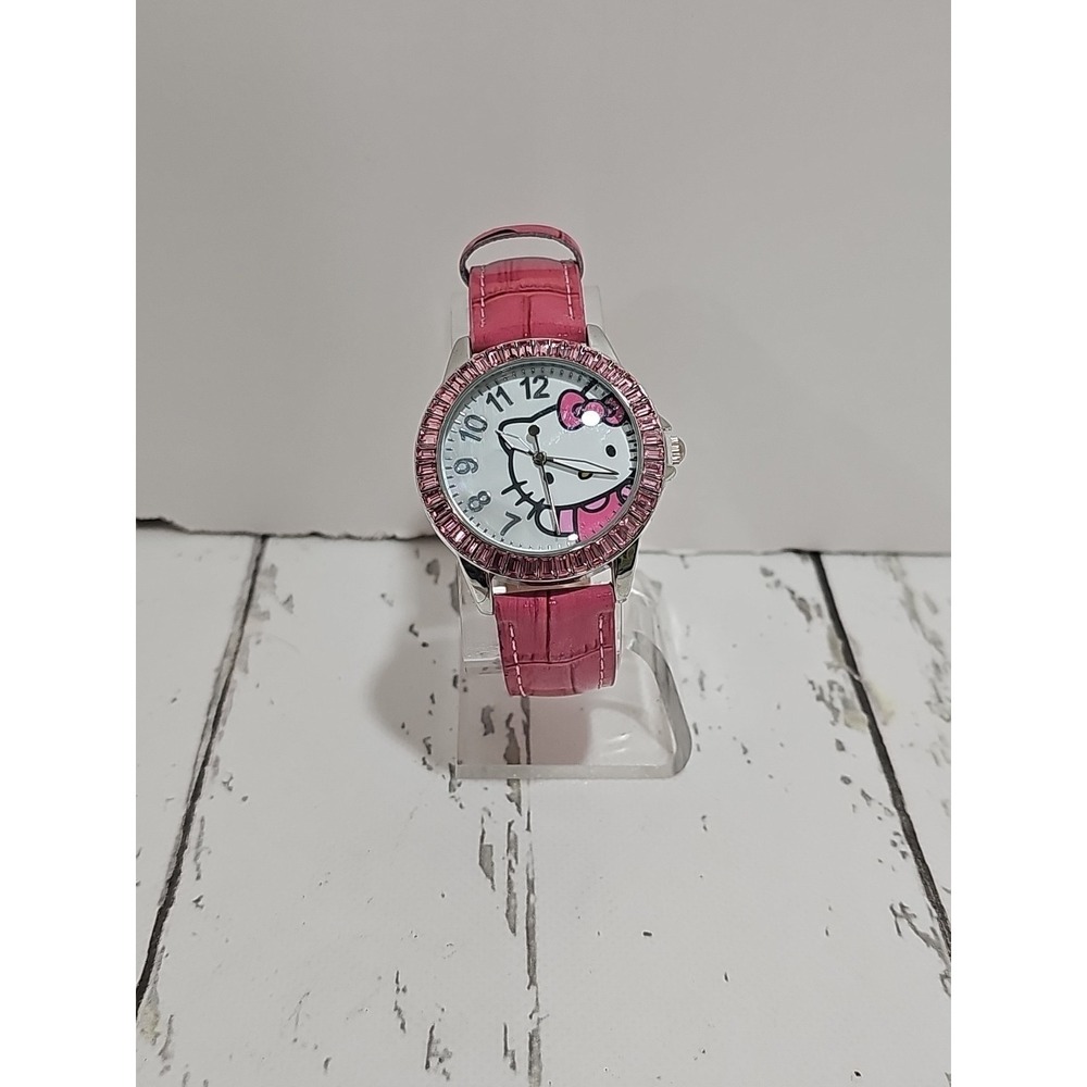 Sanrio Hello Kitty Leather Watch Women Pink Crystal Silver Tone HK1554
